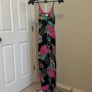 Billabong “Like Minded” Black Maxi Dress with Pink Floral Design
